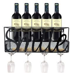 NEW Wall Mounted Wine Rack with 4 Glass Holder- Wine Bottle & Glass Holder - Cork Storage