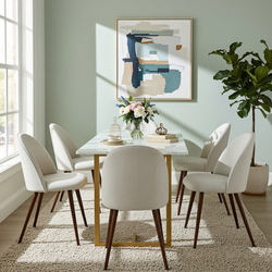 Homy Casa Slip 7PC White Marble Dining Set 55” Table with Gold Base and 6 Haven Fabric Chairs in Beige