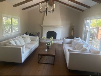 White Fabric Sofas plus coffee table and one end table (4 items)