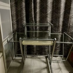Beautiful Galvanized Metal And Tempered Glass Desk on casters.  Unique, one of a kind boutique designer piece.  