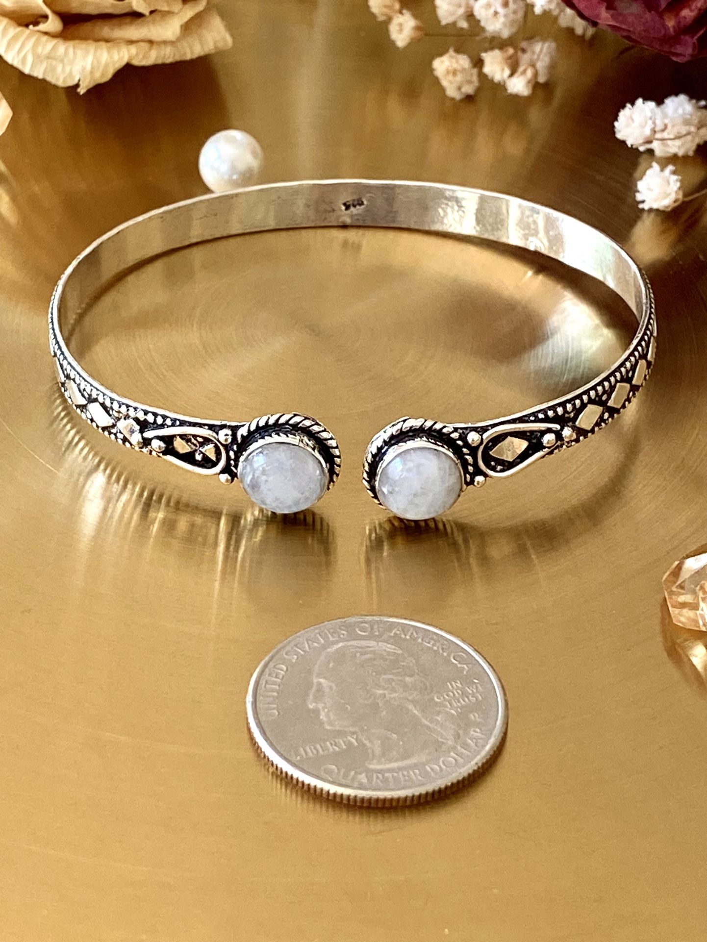 Natural Rainbow Moonstone 925 Sterling Silver Overlay Hand Embossed Adjustable Bangle