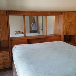 oak bed set, headboard, towers,box springs and bed frame