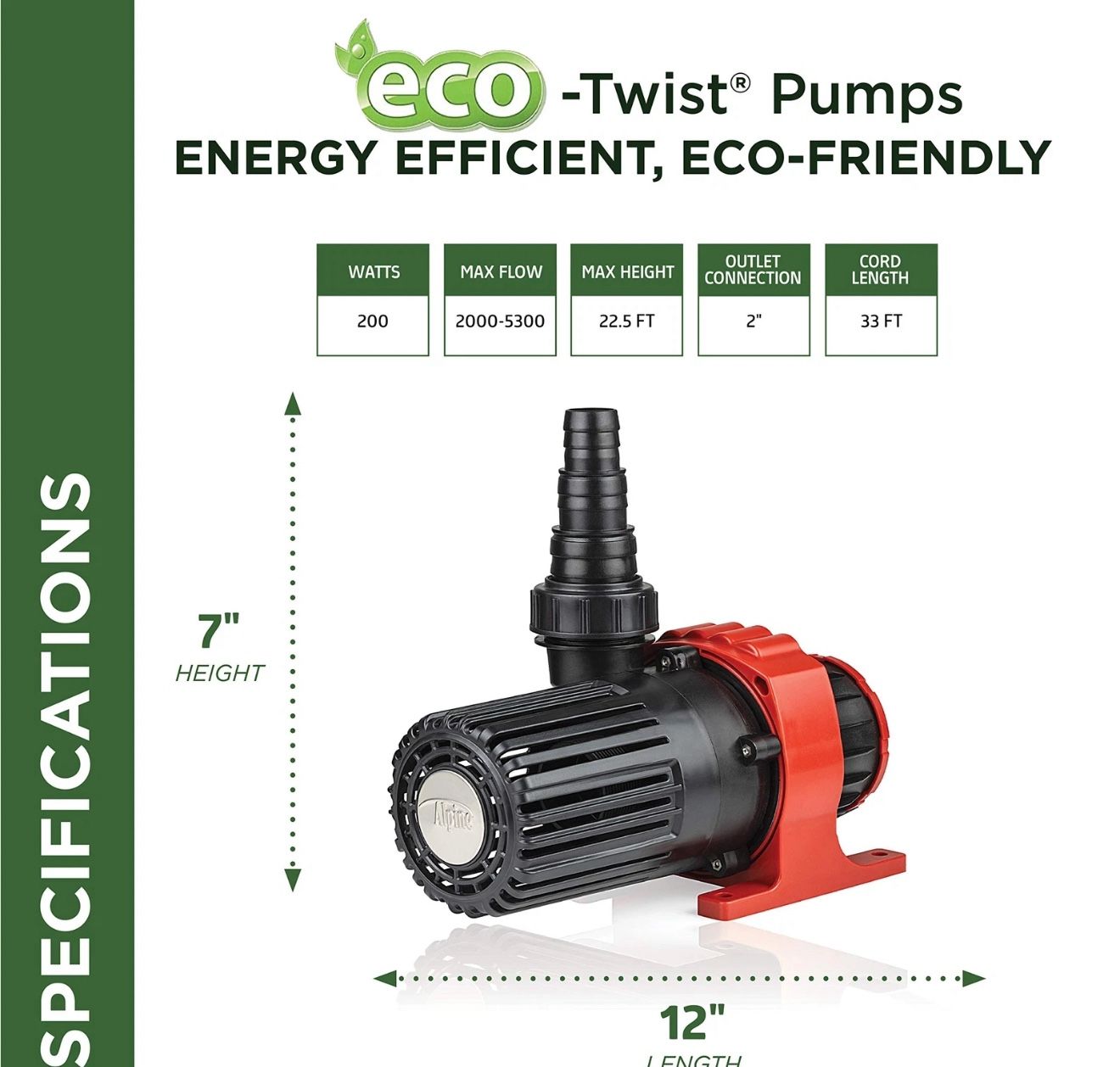 Alpine Corporation Eco-Twist Energy-Saving 5300GPH Pond Pump with Controller and
