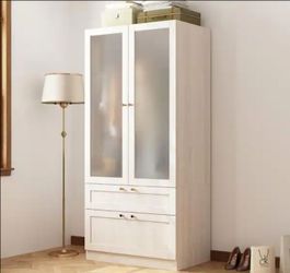 💝 FUFU&GAGA
Light Oak Wood 31.5 in. Bedroom Armoire with Frosted Tempered Glass Doors, Hanging Rod