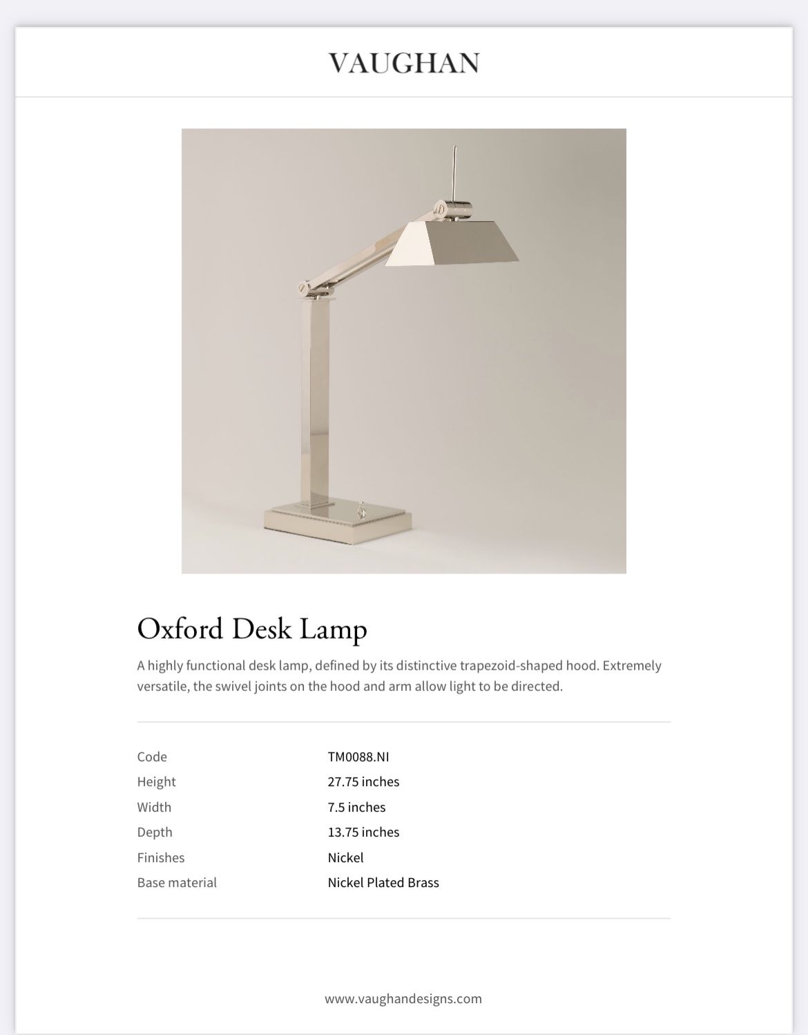 Oxford Desk Lamp By Vaughn, Nickel Plated, Discontinued Item, Very Rare