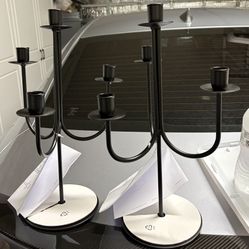 New 2 Matte Black Pillar Candle Opera Holder Set 