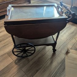 Wooden Tea Cart With Glass Serving Tray
