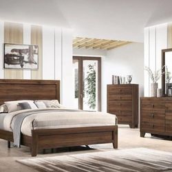 Queen Rustic Brown 4pc Bedroom Set Bed Dresser Mirror Nightstand Optional Chest, extra nightstand, King size and mattress set available pick up can de