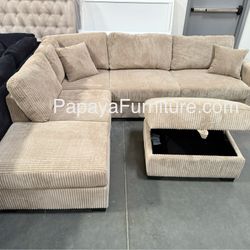 New! Camel Sectional Sofa, Plush Sectional, Tan Sectional, Corduroy Sectional And Storage Ottoman, Sofa, Couch, Tan Beige Sectional With USB Chargers