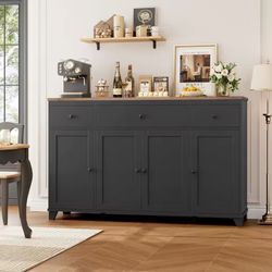 55 Large Kitchen Buffet Cabinet with Storage Drawers, Farmhouse Sideboard Buffet Table Storage Cabinet with Doors and Shel