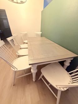 White Farmhouse Dining Table with Chairs and Bench cash only