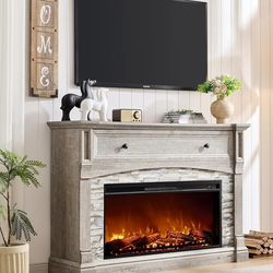 Farmhouse Fireplace TV Stand with Mantel, Tall Entertainment Center - Light Rustic Oak