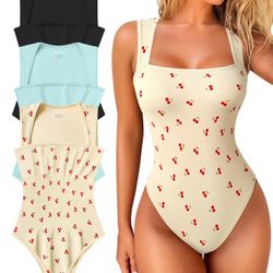OQQ Women's 3 Piece Bodysuits Sexy Ribbed Strappy Square Neck Sleeveless Tummy Control Tank Tops Bodysuits Black Sea Salt Blue Cherry Beige Size L