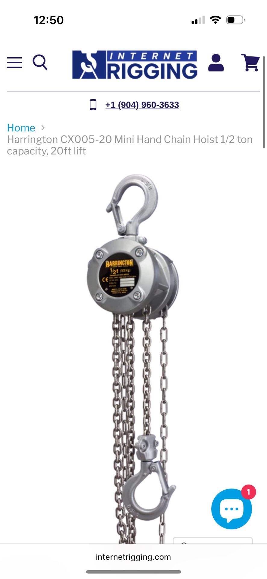 Chainfall Harrington CX005-20 Mini Hand Chain Hoist 1/2 ton capacity, 20ft lift