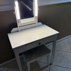 Vanity Desk With Mirror And LED Lights + Stool 