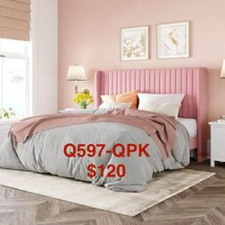 Queen Size Velvet Bed Frame/Vertical Channel Tufted Wingback Headboard Q597-QPK
