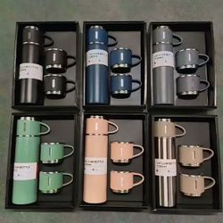 Vacuum Flask Set, Insulated Thermo With Cups 500ml/16.9oz. (black, Blue, Green, Pink, Brown, Gray)