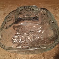 Vintage square glass dish and lid flowers floral sunflower candy trinket