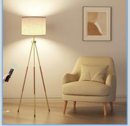 Mid Century Wood Tripod Floor Lamp with Remote & Foot Switch Modern Dimmable Standing Lamp with 3 Color Temperatures for Living Room Bedroom Office Re
