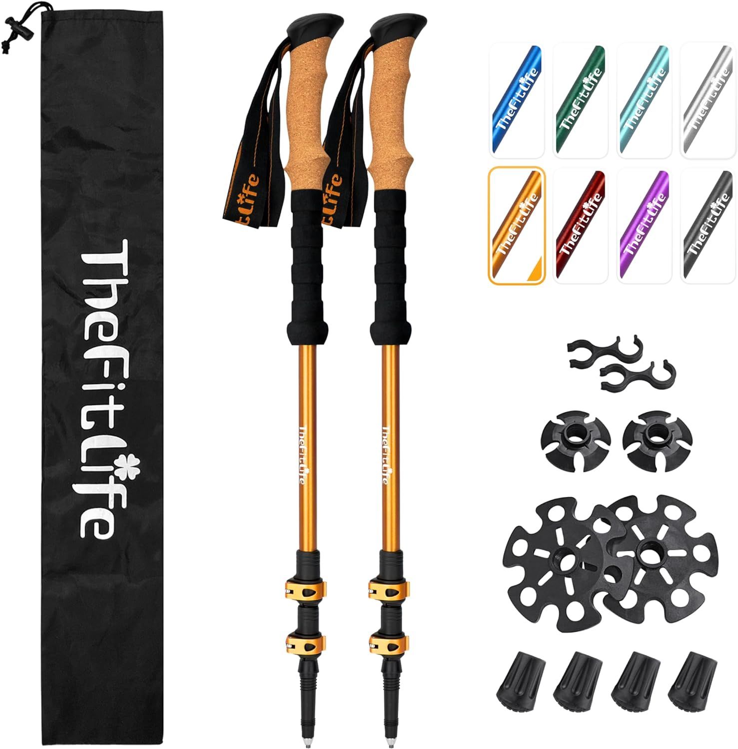 Trekking Poles for Hiking and Walking - Lightweight 7075 Aluminum with Metal Flip Lock and Natural Cork Grip, Walking Sticks for Men, Women, Collapsib