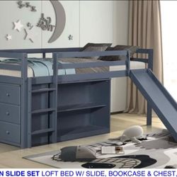 Twin loft bed with slide, bookcase & chest. Available in grey & white. Assembly required.  Assembly not included.  Tax included.  Free local delivery.