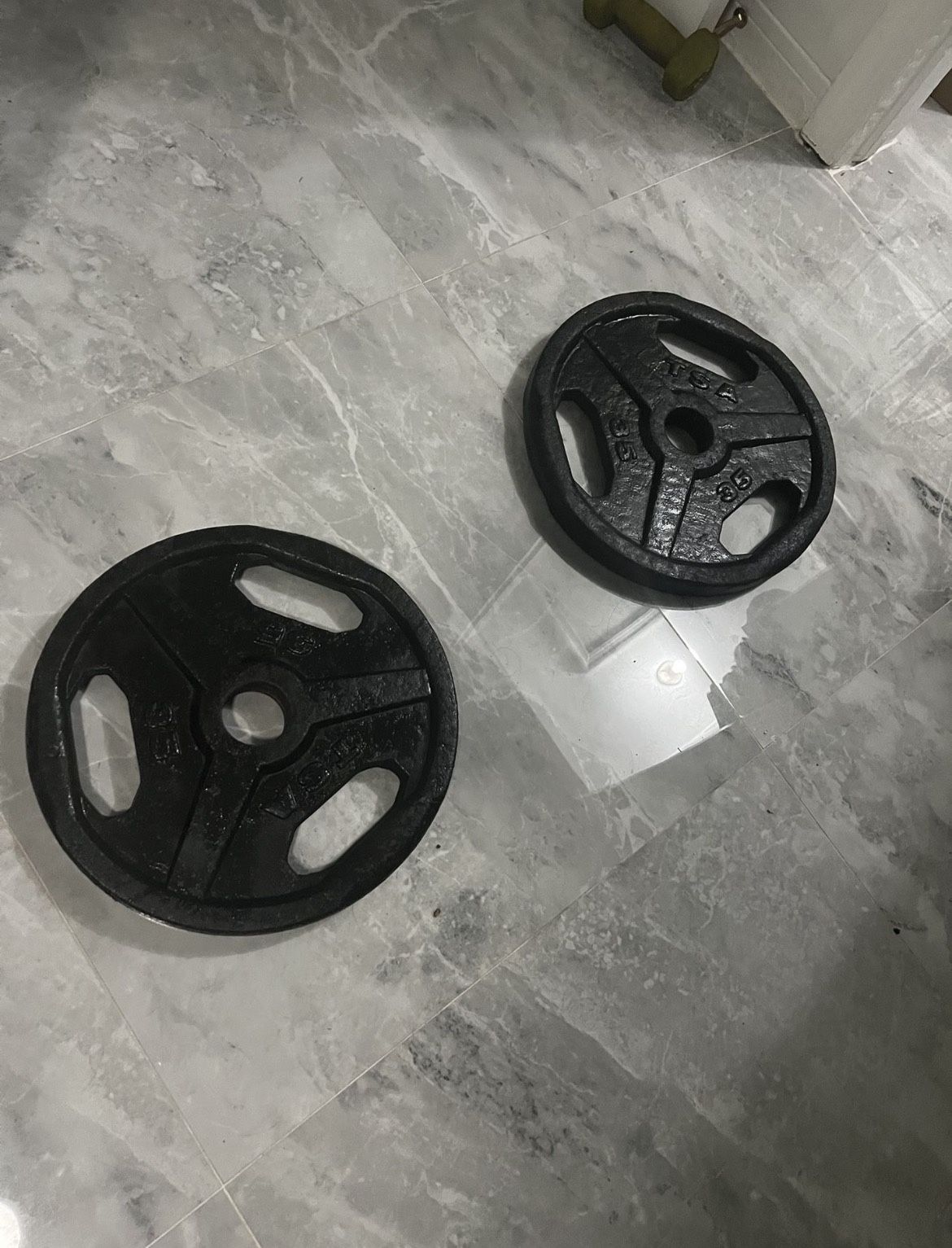 TSA Pair Of 35lb Olympic Weights Plates Total 70lb have ez curl bar For Sale Too