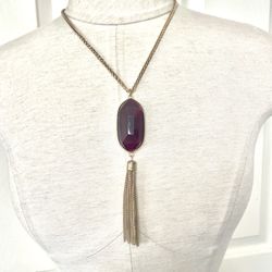 Gold Tone Red Oval Pendant Chain Tassel Necklace 