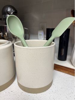 Neutral Ceramic Kitchen Canister & Utensil Holder Set