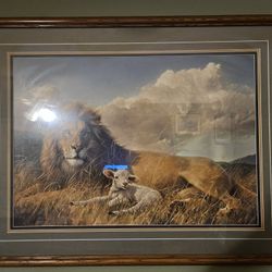 Large Framed Lion And Lamb Print Artwork