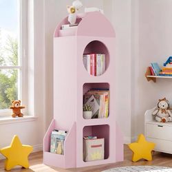3-Tier Kids Bookshelf and Toy Storage, Rocket Space Theme Cabinet with Side Shelves, Montessori Wooden Toddler Bookcase, Display Organizer for Nursery