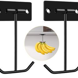 Foldable Metal Banana Hanger Hook, Self Adhesive Double Hook Holder for Fresh Fruits, Space-Saving Kitchen Organizer (Black, 2 Pack)