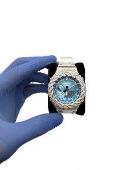 Custom Moissanite G - Shock GA2100 Thorn Bezel Blue Face Translucent Band