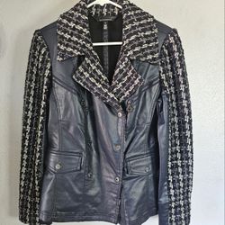 White House Black Market Jacket Coat Tweed Motorcycle Blue Size 10