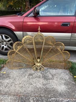 Vintage brass peacock folding fireplace fan