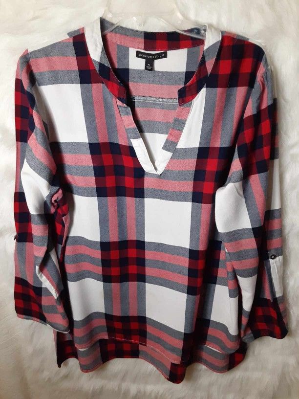 Signature Studio Women Red/White/Blue Plaid Flannel Split Neck Hi Low Tunic Sz XL
