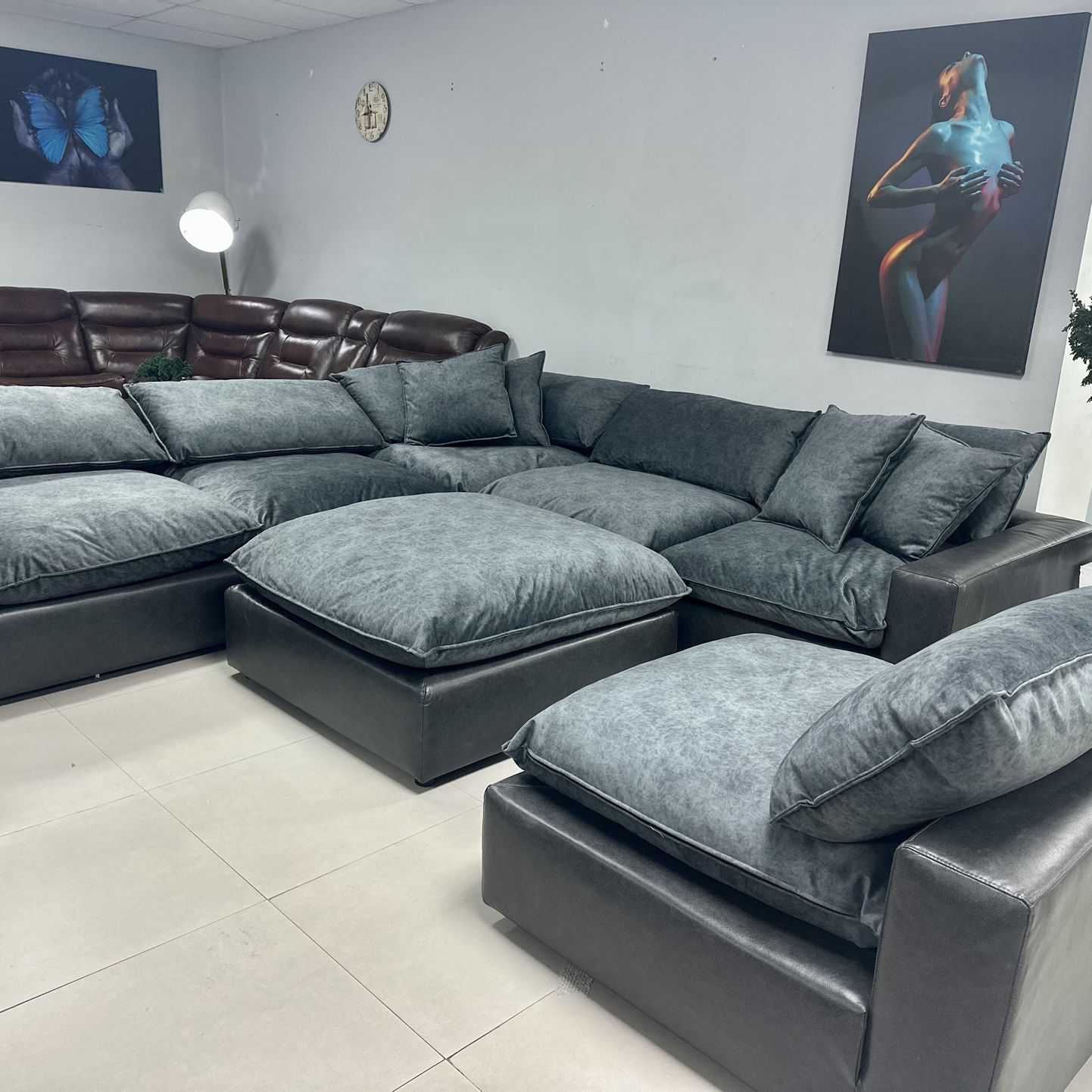 Gorgeous Grey Microfiber + Leather Cloud Sofa Sectional W/ Ottoman + Matching Swivel Chair (Ask For Price)! 