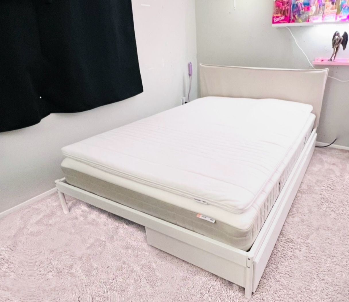 IKEA Full Bedframe, Mattress, Foam Mattress topper, with two large under bed storage drawers