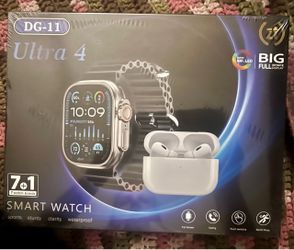 DG-11 Ultra 4 Black Smart Watch with White Wireless Earbuds Set w/interchangeable bands.