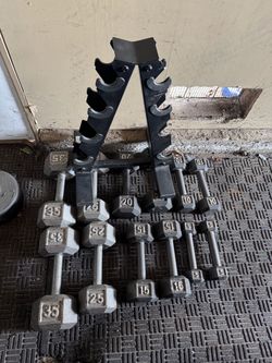 Dumbbells weights 5-35lbs plus small rack 220lbs total