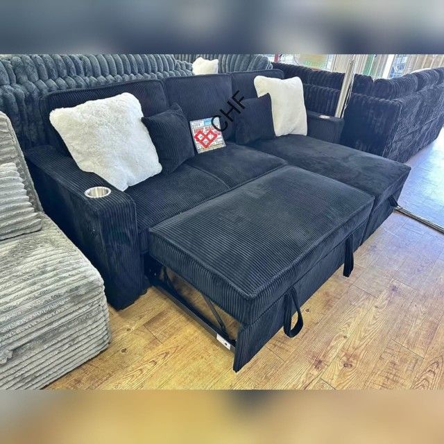 Corduroy Sleeper Sofa With Storage Chaise And Pull Out Bed
