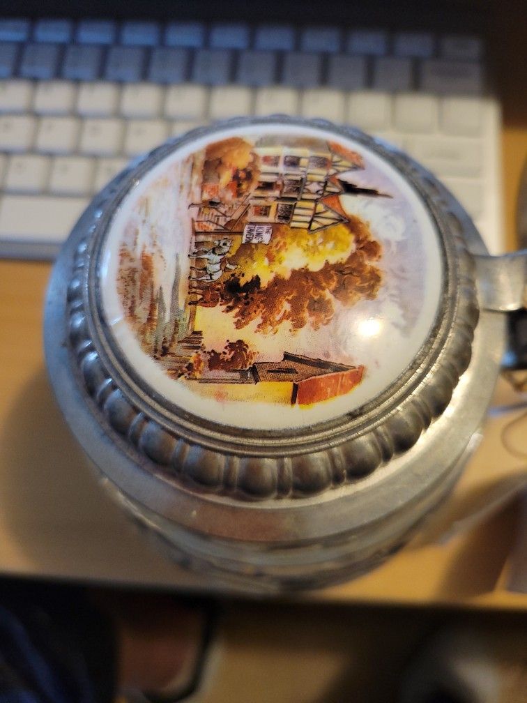 Vintage Original BMF Bierseidel 1970's Lidded Beer Stein Ceramic/Pewter Lid