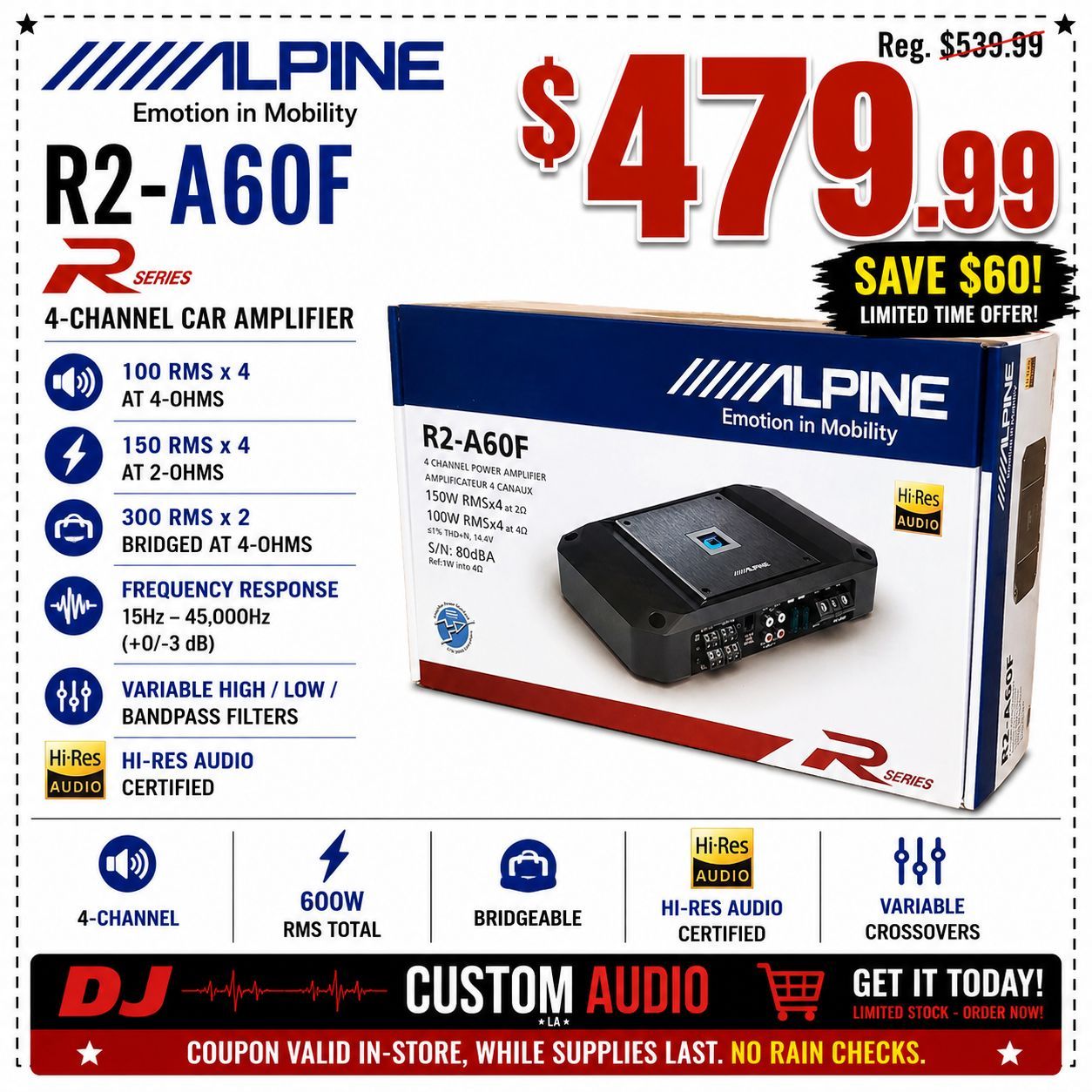 Alpine R Series R2-A60F 4 Channel Speaker System Power Amplifier 800 Watts 🚨 Payment Options Available 🚨 No Credit Needed 🚨