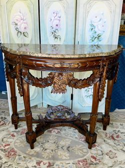 Beautiful Vintage Antique Carved Wood Console With Marble Top
