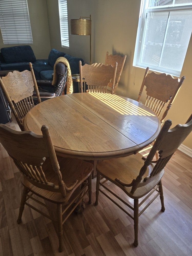 Antique Solid Oak Dining Table And Chairs