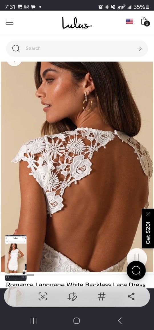 Lulus Open Back White Lace Dress Wedding Bachelorette Engagement Photo Rehersal MEDIUM