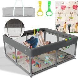 Brand New Baby Playpen with Mat –Durable Play Yard with Pull-Up Rings, Toy Storage Nets, and Non-Slip Suction Base – 71" x 59"
 