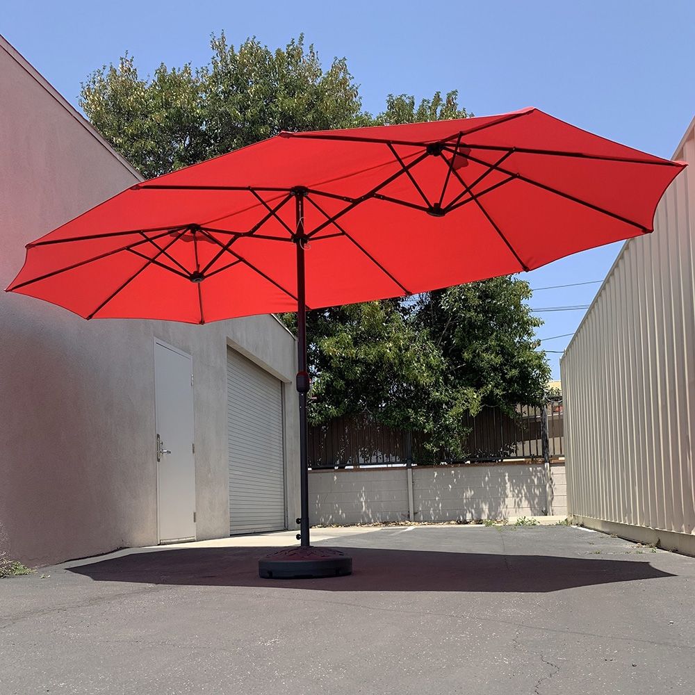 New $130 Large 15FT Double Sided Outdoor Umbrella w/ 65 LBS Plastic Weight Base (Red/Gray)