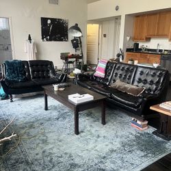 Vintage Mid Century Modern Black Leather Sofa, Loveseat, And Solid Wood MCM Coffee Table