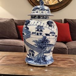 Blue & White Chinese Temple Jar with Foo Dog Finial — 24 in.
