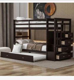 Dark Brown Wood Bunk Bed with Trundle and Storage Stairs